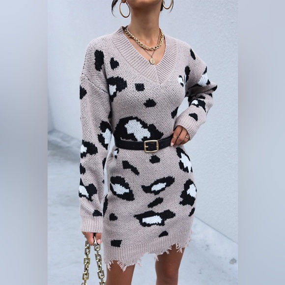 Khaki Leopard Print Drop Shoulder Sweater Dress - Picture 2 of 5